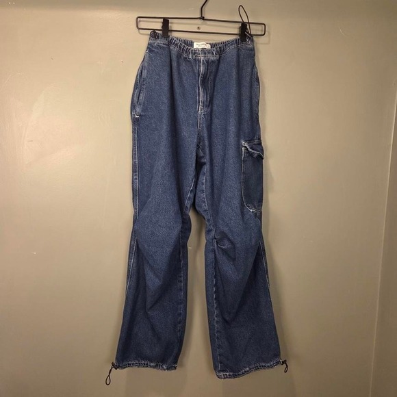 Pull&Bear Pants - Pull & Bear Women's Wide Leg Cargo Jeans, Size S, Dark Wash Denim